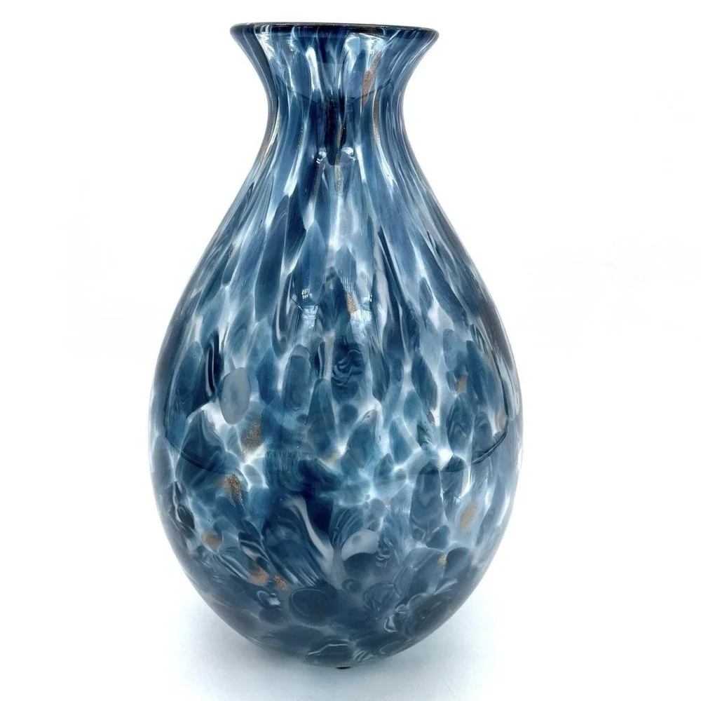 Art Glass Vase Blue White Mottled Splatter Gold Flecks Hand Blown 10 In Vintage
